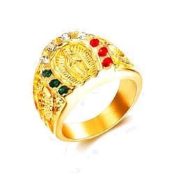 LAIMIUMIU33 Santa Maria Cross ring Iced out Ring for men with Ruby Emerald and CZ Horseshoe cut Hip Hop ring Catholic style 316 Stainless Steel Radiant Biker Rings Bling Cuban style Iced Out Jewelry Punk Ring Heavy Metal ring Ceremony plated gold