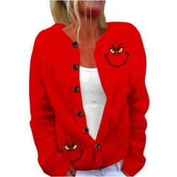 Generic 𝑮𝒓𝒊𝒏𝒄𝒉𝒔 Womens Fall Fashion 2024 Button Down Long Sleeve Coats Christmas Print Winter Sweatshirt Baggy Jackets
