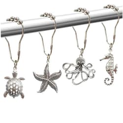 VeloZap Beach Shower Curtain Hooks, Beach Bathroom Decor Starfish Sea Turtle Octopus Seahorse Ocean Shower Curtain Hooks Ring Cute Coastal Decorative Shower Hooks for Curtain Set of 12
