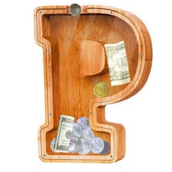 Fao Thuofyr Personalized Large Wooden Kids' Letter Piggy Bank - Letter Piggy Bank for Boys & Girls, Coin Bank Birthday Gift（P）