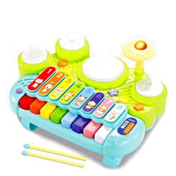 Fisca 3 in 1 Musical Instruments Toys, Electronic Piano Keyboard Xylophone Drum Set - Learning Toys with Lights for Baby & Toddler 1 2 3 Year Old Boys and Girls