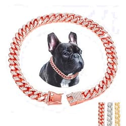 YOUALSO Rose Gold Chain Dog Collar with Bling, Glitter Rhinestone Sparkly Diamond Metal Necklace Cuban Link Cat Collars for Small Medium Large Pet Dogs Puppy, Pink 8 inch