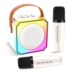 Caiord Mini Karaoke Machine for Kids,Portable Bluetooth Karaoke Machine with 2 Wireless Microphones, Kids Karaoke Machine for Birthday Home Party,Gift for Girls Boys（Beige）