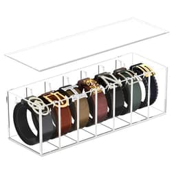 FEMELI Belt Organizer, Acrylic Belt Storage for Closet with Dust Cover, Clear Belt Container Display Holder for Drawer, Clear Belt Tie Case Hanger with 7 Compartments for Women Men Home