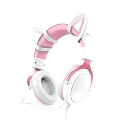 PUSOKEI Wired Gaming Headset, Noise Cancelling Over Ear Headphones with Mic, RGB Luminous, Surround Sound, Memory Foam, 3.5mm Audio Jack, for PC, /5 (White Pink with Cat Ears Decor)