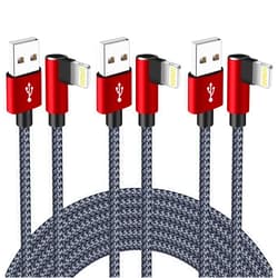 Snisre iPhone Charger 10ft 3 Pack 90 Degree Lightning Cable Right Angle iPhone Charging Cable Durable Nylon Braided Sync Fast Charger Cable Compatible with iPhone 11 XR iPhone Xs MAX XR X 8 7 (Gray Red)