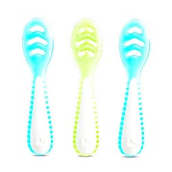 Munchkin® Gentle Dip™ Multistage First Spoon Set for Baby Led Weaning, Self Feeding, Solids & Purees, 3 Pack, Blue/Green