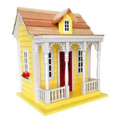 BestNest Home Bazaar Bristol Cottage Bird House, Yellow, Handcrafted Wooden Outdoor Birdhouse with White Trim, Red Door & Floral Accents, 1.25