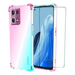SHYXGLON for OPPO Reno 7 Case, OPPO F21 Pro Case with Screen Protector Transparent Glitter Bling Silicone Bumper Anti-Yellow Ultra Thin Cover Shockproof Clear Case for OPPO Reno 7 4G (Pink/Green)