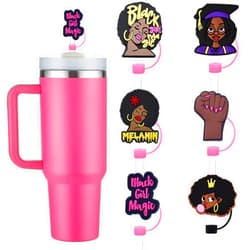 NDOJZL 6Pcs Black Girl Straw Cover Set, Straw Covers Cap for Stanley Cup, Cute Silicone Straw Topper for 10mm Drinking Straw Tip Covers Stanley Cup Accessories