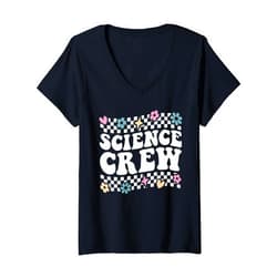 Checkered Groovy Science Crew Tee Womens Science Crew Technology Dept Teacher Team STEAM Engineering V-Neck T-Shirt