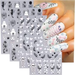 SHUXILIN 4 Sheets Halloween Skull Nail Art Stickers Cute Ghost Spider Web Cats Nail Decals 5D Micro-Embossed Self-Adhesive Halloween Horror Skeleton Nail Designs Accessories for Women Holiday Manicure Decor