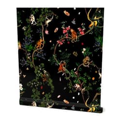 Spoonflower Removable Wallpaper 3ft x 2ft - Black Chinoiserie Monkey Jungle Rainforest Exotic Wild Animals Custom Pre-Pasted Wallpaper by Spoonflower