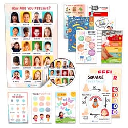 ThinkPsych 12 Laminated Feelings Posters for Kids - English & Spanish - Calm Down Corner Supplies - Therapy & School Counselor Supplies - Emotions Posters for Home and Calming Corner Classroom