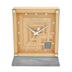 Bulova Ennis Table Clock B7755 | 7″ Frank Lloyd Wright Mayan Revival Resin Case with Washed Ash Base | Silent Sweep Quartz Movement | Battery Operated | Architectural Accent Piece