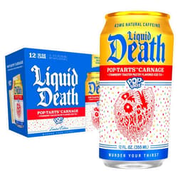 Liquid Death Iced Tea, Pop-Tarts™ Carnage (Pop-Tarts® Frosted Strawberry Toaster Pastry Flavored Black Tea), Less Sugar*, Boost of Caffeine, B Vitamins, No Artificial Sweeteners, 12 Fl Oz (Pack of 12)