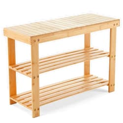 Sweetcrispy Shoe Rack Bench, 3-Tier Bamboo Entryway Storage Organizer, 286lb Capacity, Shoes Stand for FrontDoor Entrance, Bedroom, Living Room, Bathroom, Balcony, 11.3 x 27.6 x 17.8 Inches, Wood