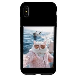 Relaxed Chill Cats Surreal Retro Kitten Aesthetic Cool Fat Cat Selfie on Yacht Boat with Shark Funny Cat Meme Case for iPhone XS Max