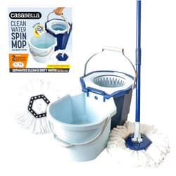 Casabella Clean Water Spin Mop System with Extra Mop Head Refill - Two-Bucket Design Mop System, Splash Guard, Built-in Measuring Cup, and Scraper Tool, Easy Wring Pedal Spinner