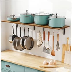 OROPY 2 Pack Wooden 23.6'' Pot Pan Hanging Rack Wall Mounted with 10 S Hooks, Set of 2 Large Pot Wall Holder Kitchen Shelves for Utensils, Cookware