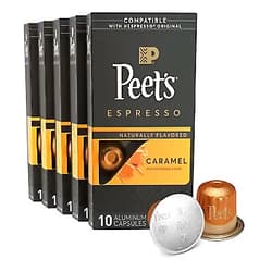 Peet's Coffee, Dark Roast Espresso Capsules Compatible with Nespresso Original Machine, Caramel 50 Count (5 Boxes of 10 Espresso Pods)
