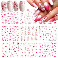 Sutaozhi Flowers Nail Stickers Decals 12Sheets Pink Cherry Blossoms Nail Water Stickers for Nail Art Design Pink Leaves Tree Sliders Nail Decals Spring Flower Watermark Sliders Transfer Nail Decor Stickers