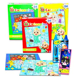 Co Co Cocomelon Premier 48 Pc Puzzle Set for Kids - Cocomelon Party Supplies Bundle with 3 Cocomelon Puzzles, Crayola Animal Stickers and More (Cocomelon Games and Activities for Kids)