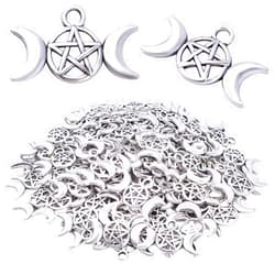 Hmjpng 100pcs Antique Silver Pentagram Moon Charms Tibetan Alloy Triple Moon Goddess Pendants Pentacle Crescent Dangle Charms for DIY Necklace Bracelet Crafts Jewelry Making