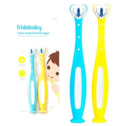 Frida Baby Triple-Angle Toothhugger Training Toddler Toothbrush | Toddler Toothbrush 2 Years and Up, Cleans All Sides at Once | 2 Pack (Yellow + Blue)
