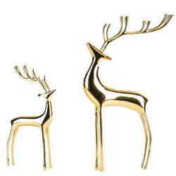 suruim Crystal Ball Reindeer Figurine Statues - Set of 2 Copper Heavy Reindeer Ornaments for Home Decor - Elegant Deer Sculpture for Living Room, Office, and Bookshelf (Gold-A)