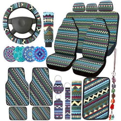 Frienda 26 Pcs Boho Car Seat Covers Full Set Stripe Steering Wheel Cover Seat Boho Car Accessories Car Coasters Hippie Belt Cover Armrest Cover Crystal Hanging Ornament Car Holders Fits for Car