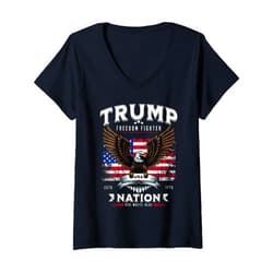 BizzyflyUSA Womens Freedom Fighter Trump Patriotic Eagle USA Flag V-Neck T-Shirt