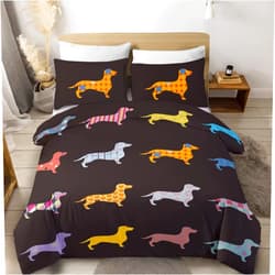Sleepwish Colorful Dachshund Bedding King Size 3 Pieces Wiener Dog Bed Spread Geometric Black Puppy Duvet Cover