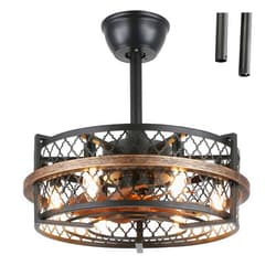 JUTIFAN Farmhouse Ceiling Fans with Lights and Remote, Reversible Outdoor Ceiling Fan Low Profile with 3 Wind Speed,1/2/4H Timing Industrial Cage bladeless Ceiling Fan with Light for Bedroom