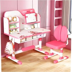 Tulkdexi Kids Desk and Chair Set, Children School Study Table Chair Set, Ergonomic Desk Chair with Large Writing Board, Bookshelf and Drawer Pink, 3888199