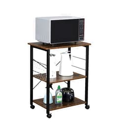 VINGLI Kitchen Cart, 3 Tier Standing Baker's Rack Utility Storage Shelf Microwave Oven Stand with 10 S-Shape Hooks Rolling Lockable Caster (Brown & Black)