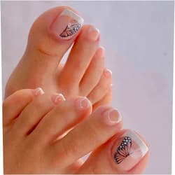 Generic 24PCS Short False Toenails with White Edge Design Butterfly Pattern Natural Nude Color Toenails Short False Nails for Nail Art Starter Beginners