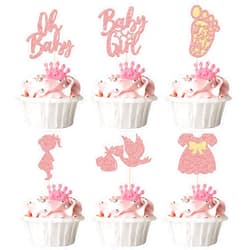 Ephlyn 24Pcs Baby Shower Oh Baby Cupcake Toppers Rose Gold Glitter Bow Dress Footprint Swan Baby Girl Cake Picks Decorations for Baby Shower Gender Reveal Girls Birthday Party Supplies