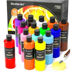 Shuttle Art Acrylic Paint, 15 Colors Acrylic Paint Large Bottle Set, 473ml/16oz Each, Rich Pigments, High Viscosity, Bulk Paint for Artists, Beginners and Kids on Rocks Crafts Canvas Wood Ceramic