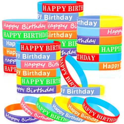 Sratte 120 Pcs Happy Birthday Rubber Bracelets for Kids Stretch Wristbands Bulk Birthday Bracelets for Classroom Student Back to School Gift Teacher Birthday Party Favors Supplies