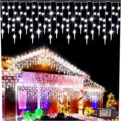 Pooqla Christmas Icicle Lights Outdoor Decoration, Cool White Hanging Window Curtain Fairy Lights 8 Modes, LED String Lights Lights 15 FT 150 LED 30 Drops for Roof Home Party Garden Yard Christmas Decoration