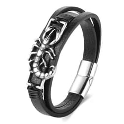 BIYONGDE Mens Stainless Steel Vintage Scorpion Charm Three-strand Black Leather Bangle Bracelet, Biker Punk Rock