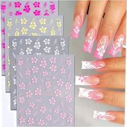 FBABFBUO 8PCS Flower Nail Art Stickers, Hawaiian Flowers Nail Decals White Pink Yellow 3D Self-Adhesive Flowers Stickers for Nails Summer Floral Manicure Sliders for Women Girls Nail Art Decorations
