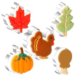 KRY 5PCS Large Fall Thanksgiving Cookie Cutters Set - Pumpkin, Maple Leaf, Oak Leaf, Turkey Cookie Cutter Shaped, Holiday Stainless Steel Cookies Cutters Metal Baking Cutter Molds for Party Decorations