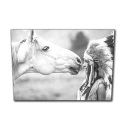 LBXVDFST Indian Woman and Horse Wall Art Canvas Prints, Retro Black and White Painting, Native American Girl Chief Headdress Feathered Poster,vintage Wall Pictures (12x18 inch Framed)