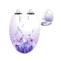 Angol Shiold Elongated Resin Toilet Seat Purple Bathroom Decor, Slow Quiet-Close Lid and Seat Heavy Duty for Standard Toilets, Easy Installation & Cleaning (19 Inch,Purple Petals,Upgraded hinge)