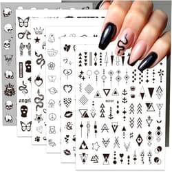 Mkwntg Black Nail Art Stickers Snake Heart Moon Star Nail Decals 3D Self-Adhesive Geometric Triangle Arrow Nail Sticker Cool Black White Skull Nail Art Supplies for Women Girls DIY Manicure 6 Sheets