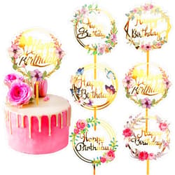 Jetec 6 Pieces Happy Birthday Cake Toppers Gold Flower Acrylic Cake Toppers Acrylic Cupcake Topper for Various Birthday Party Anniversary Cake Pastries Decorations