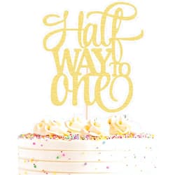 AHAORAY Half Way To One Cake Topper - Gold Glitter 6 Months Birthday Decorations Supplies - Half Birthday Decorations Baby Girl, for Baby Shower/Gender Reveal Party/Baby Party Photo Booth Props