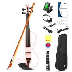 Vangoa Electric Violin 4/4 Full Size Silent Violin Set for Beginner Adults Teens, Solid Maple Wood Metallic Electronic Quite Violin with Ebony Fittings, Pink